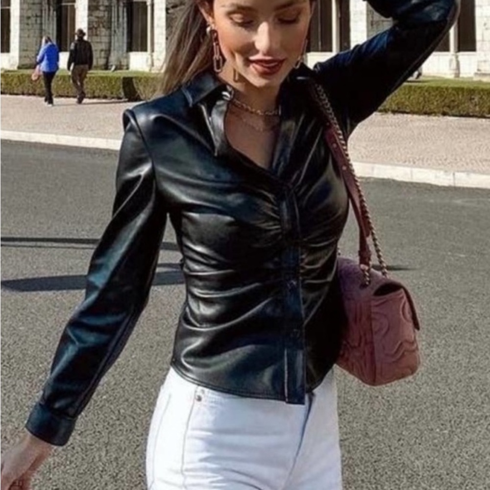 Zara Black Faux Leather Blouse